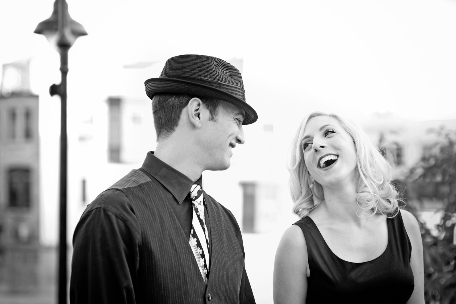 Black and white engagement photo of classic 1950s style picture
