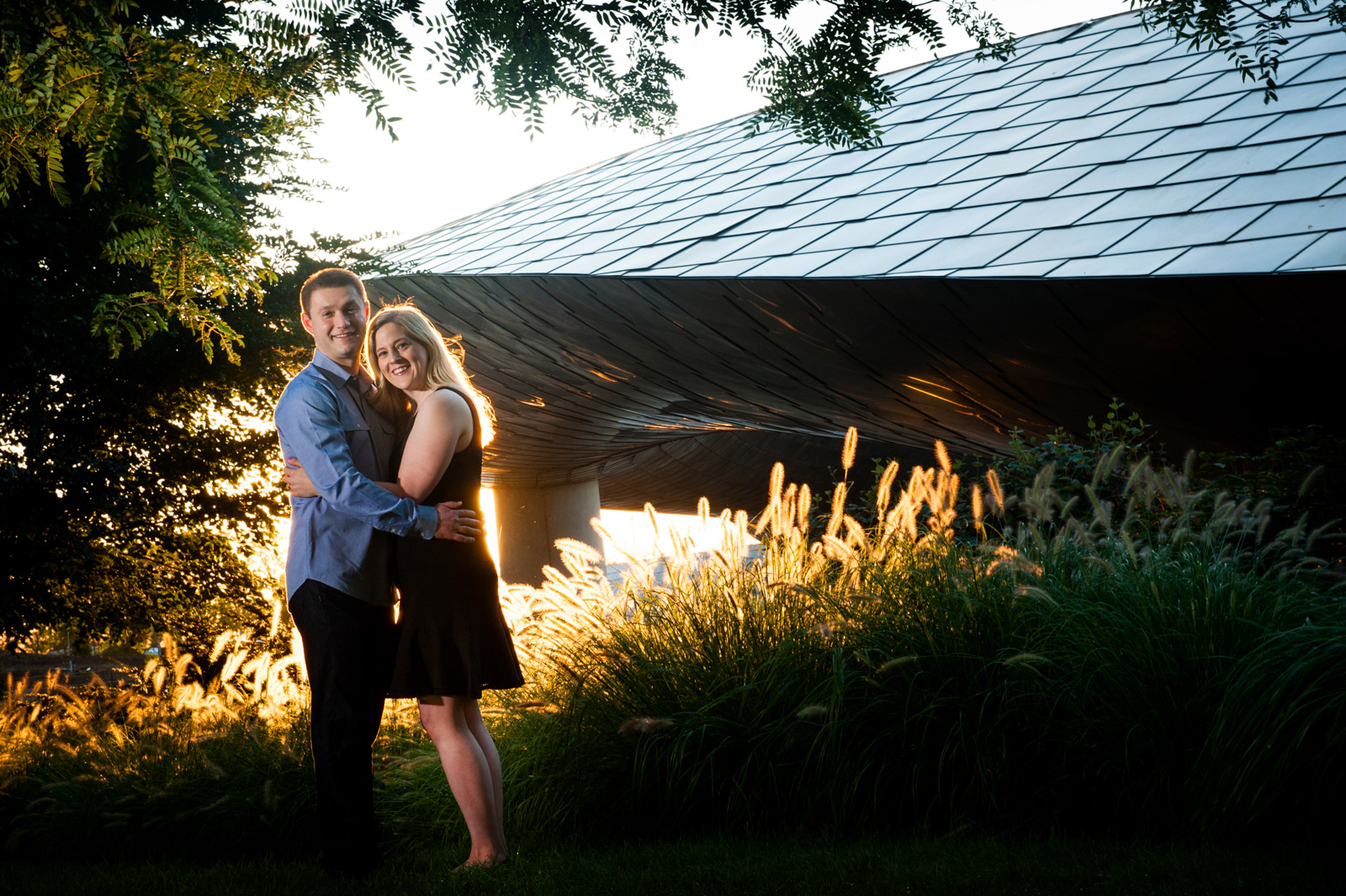 Chicago engagement session at sunrise in Millennium Park near BP Pedestrian Bridge over Columbus Drive