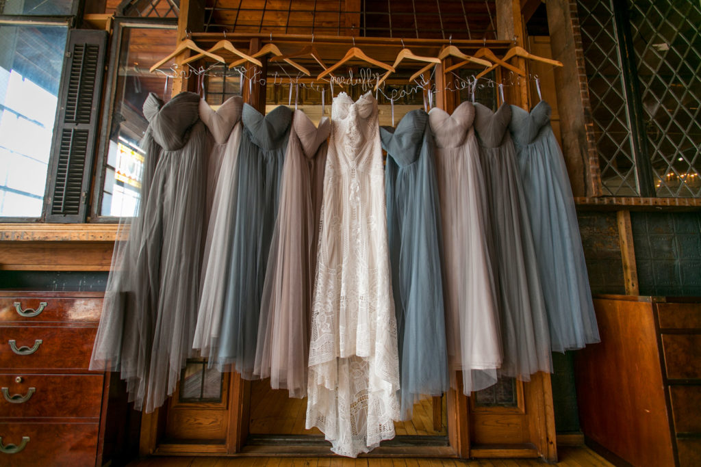 Bridesmaids Dresses hanging at Salvage One