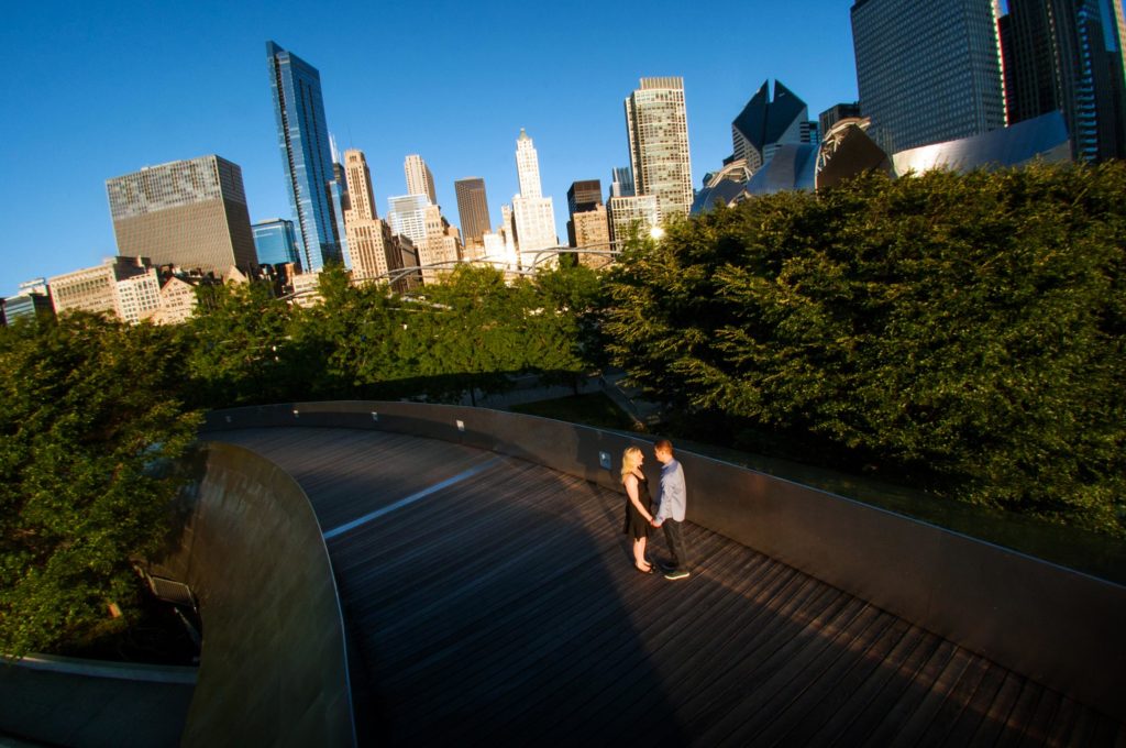 Engagement Session Location in Millennium Park along the BP Pedestrian Bridge in Chicago