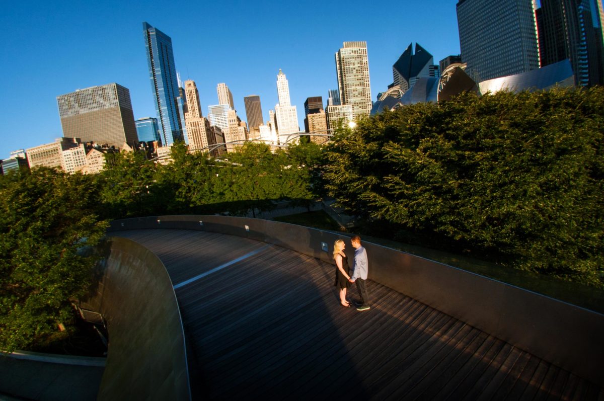 Engagement Session Location in Millennium Park along the BP Pedestrian Bridge in Chicago