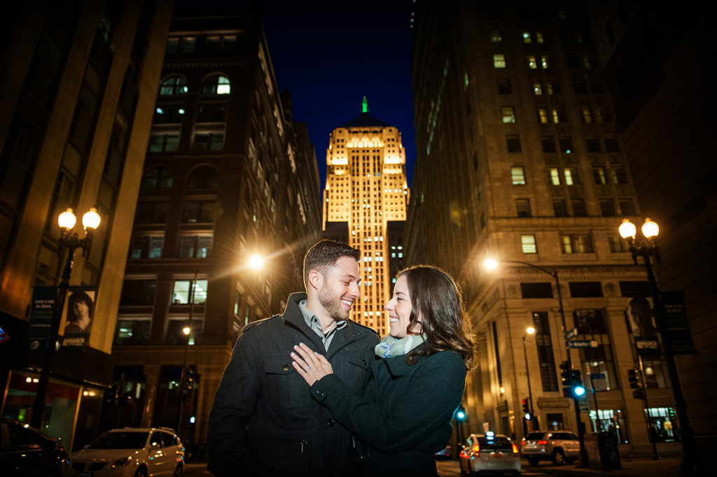 Board of Trade Engagement Session Location in Chicago in Winter