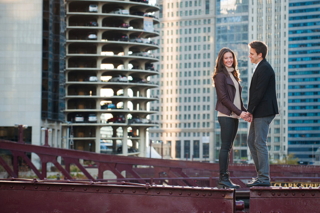 Engagement Session Location in Downtown Chicago on top of Clark Street Bridge by Marina Towers