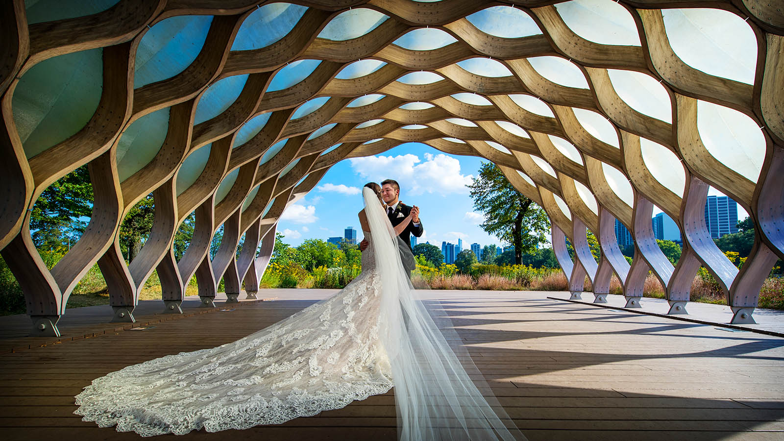 Colorful wedding picture bride groom honeycomb Lincoln Park