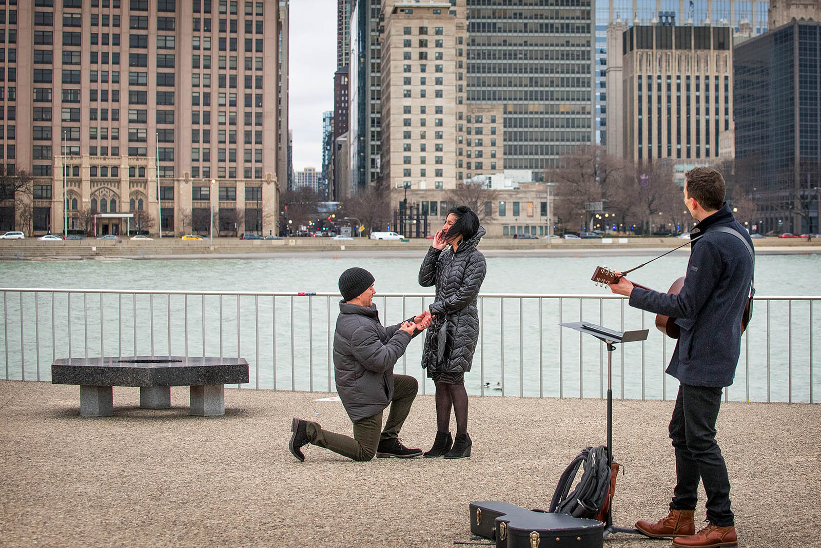 Chicago Proposal Guitarist Eric Taylor performs along Lake Michigan in Chicago during the Winter